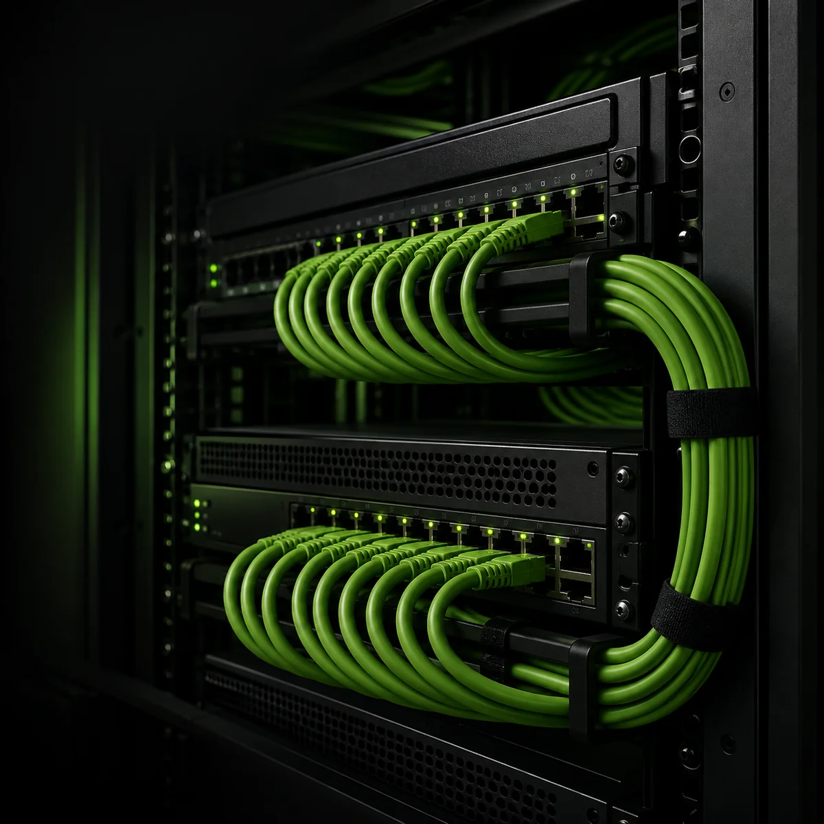 Network equipment and neatly organized cabling in dramatic green light